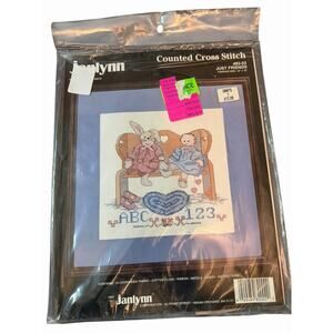 1989 Vintage New Janlynn Cross Stitch Kit 82-02 JUST FRIENDS 10x10 Bunny Doll